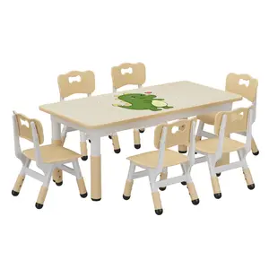 Kids Table and 6 Chair Set,Height Adjustable Toddler Table and Chairs Set with Graffiti Desktop for Ages 2-10,Non-Slip Legs,Children Table for Daycare