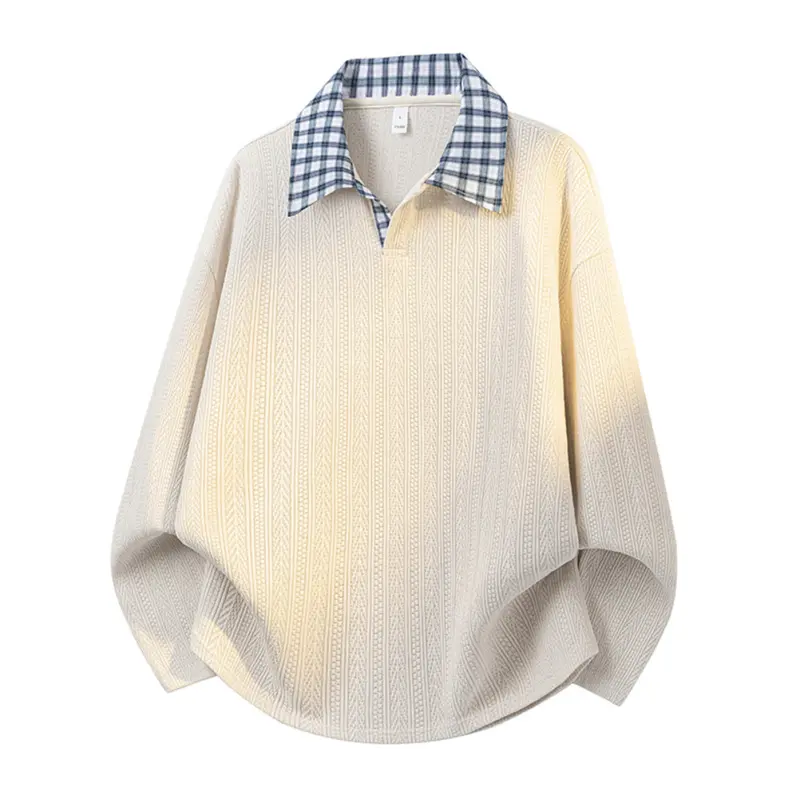 Men's Retro Soft Patchwork Plaid Lapel Half-Button Longsleeve Textured Knit Shirt - Vertical Waffle Texture, Curved Hem Layered Pullover for Daily Commute, Spring & Fall Casual Outfits, Menswear, Longsleeves, Set, Sweatshirt, Medium Length, Plaid Pattern,