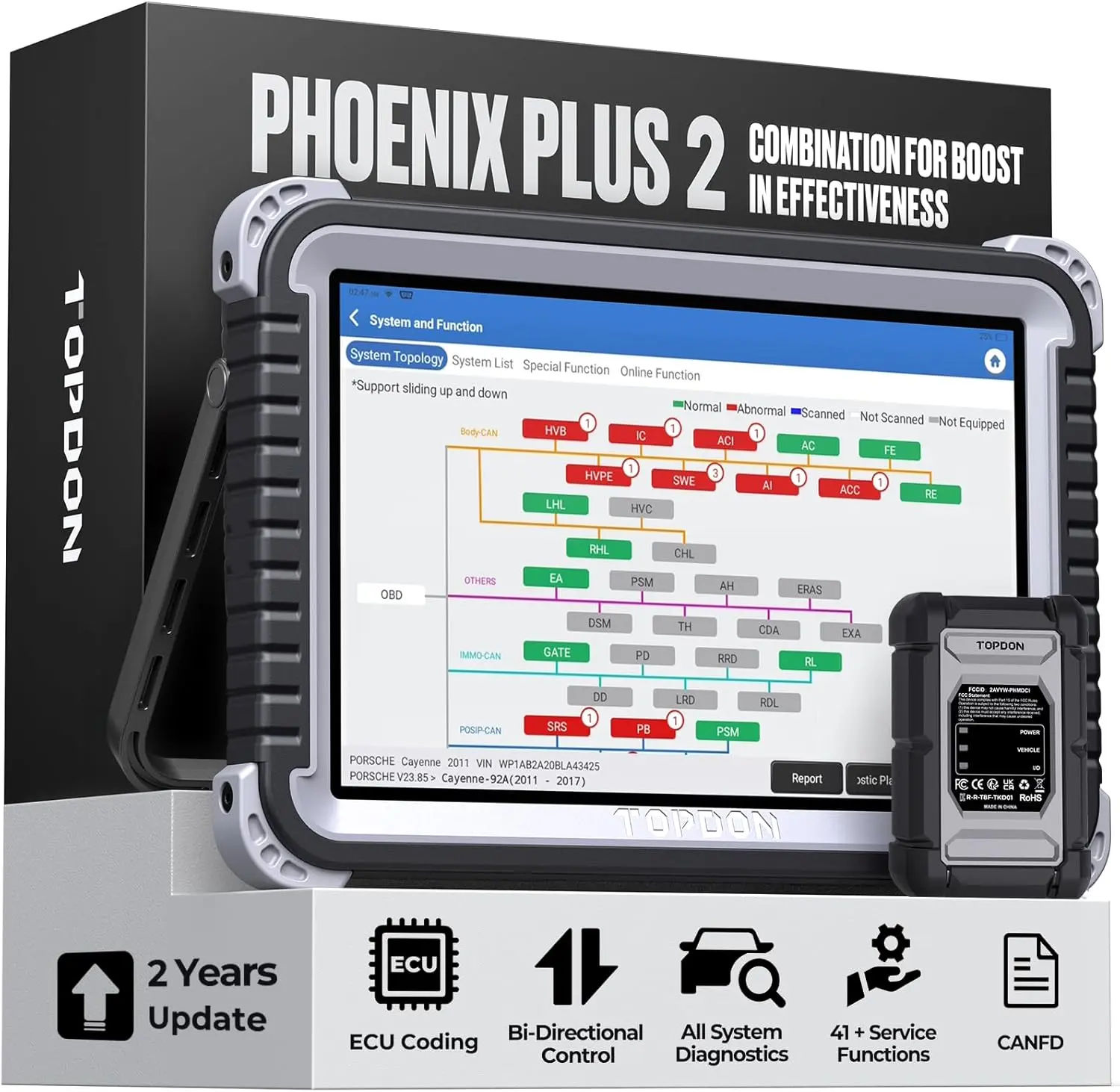 TOPDON Phoenix Plus 2 OBD2 Scanner, Bidirectional Car Diagnostic Scan Tool, ECU Coding, Topology Map, CANFD, OEM Full System, 41+ Service, 2 Years Free Update Automotive Scan Tool Obd Port