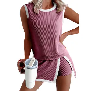 Women's Sleeveless Ribbed Contrast Trim 2 Piece Tracksuit Set (Tank Top & Shorts)