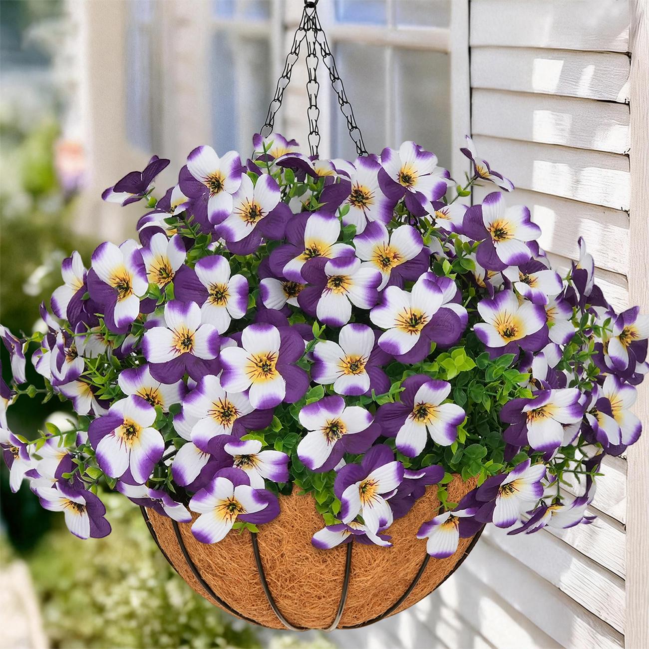 2 Pcs Artificial pansy hanging plant basket, perfect for summer outdoor decoration, made of realistic silk material, UV-resistant, featuring vibrant daisies and eucalyptus leaves, suitable for porches, homes, patios, balconies, and gardens. 2 Pcs Artificial pansy hanging plant basket, perfect for summer outdoor decoration, made of realistic silk material, UV-resistant, featuring vibrant daisies and eucalyptus leaves, suitable for porches, homes, patios, balconies, and gardens.