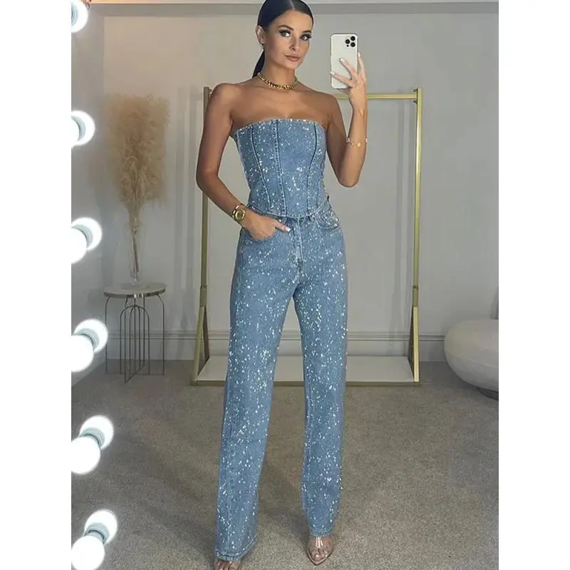 Women's Glamorous 2-Piece Summer Set, Diamond Embellished Tube Top with High-Waist Pocket Denim Pants, Women's Clothes, Clothes, Glamorous Women's Clothing Sets