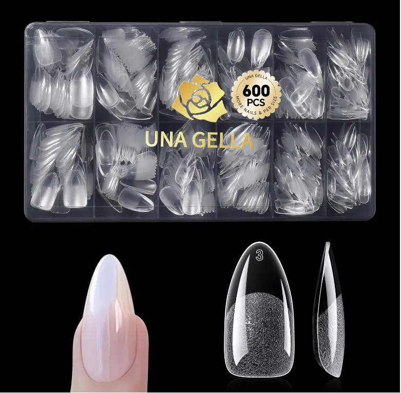 UNA GELLA Almond Gel Nail Tips 600 Pcs Pre Etched Medium Almond Shaped Nails Full Cover Press On Nails 12 Sizes Clear Fake Soft Gel Tips for Flat & Curved Nail Bed Extension Home DIY Salon