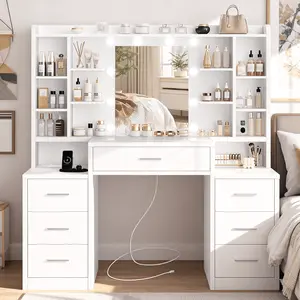 Large Morden Vanity Desk with LED Lights Mirror & Power Outlet Makeup Vanity Desk with 7 Drawers and Open Shelves White Vanity for Girls Bedroom