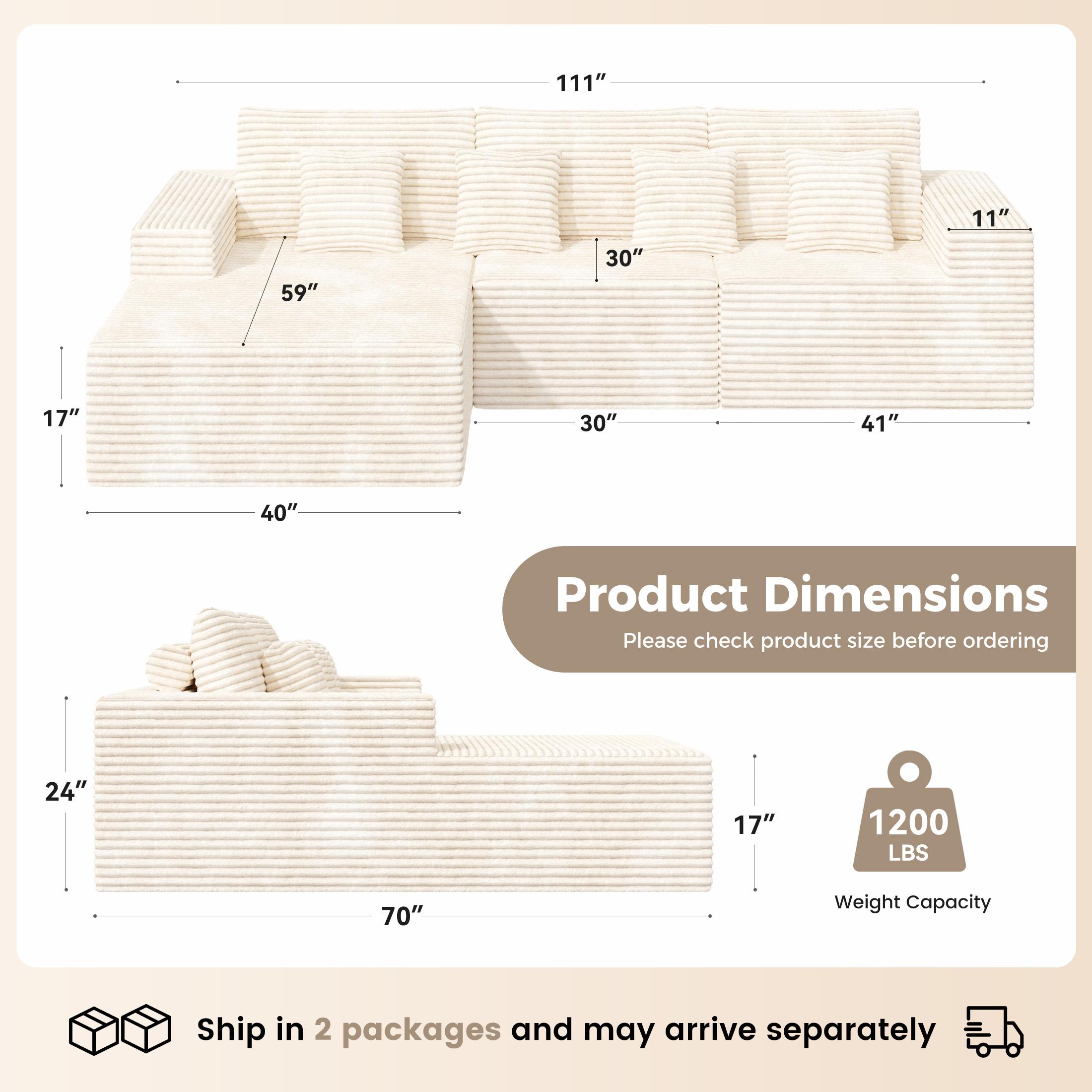 【Shipped in Two Packages】111" L-Shaped Corduroy Modular Sectional Sofa With Chaise, Deep Seat Foam Couch With Removable Pillows, No Assembly 【Shipped in Two Packages】111" L-Shaped Corduroy Modular Sectional Sofa With Chaise, Deep Seat Foam Couch With Removable Pillows, No Assembly