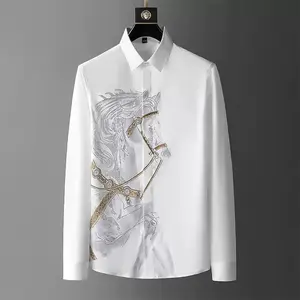 Fashionable high-end long-sleeved shirt men's autumn thin printed shirt business white tops Satin Soft Smooth Breathable Casual Menswear funny shirts
