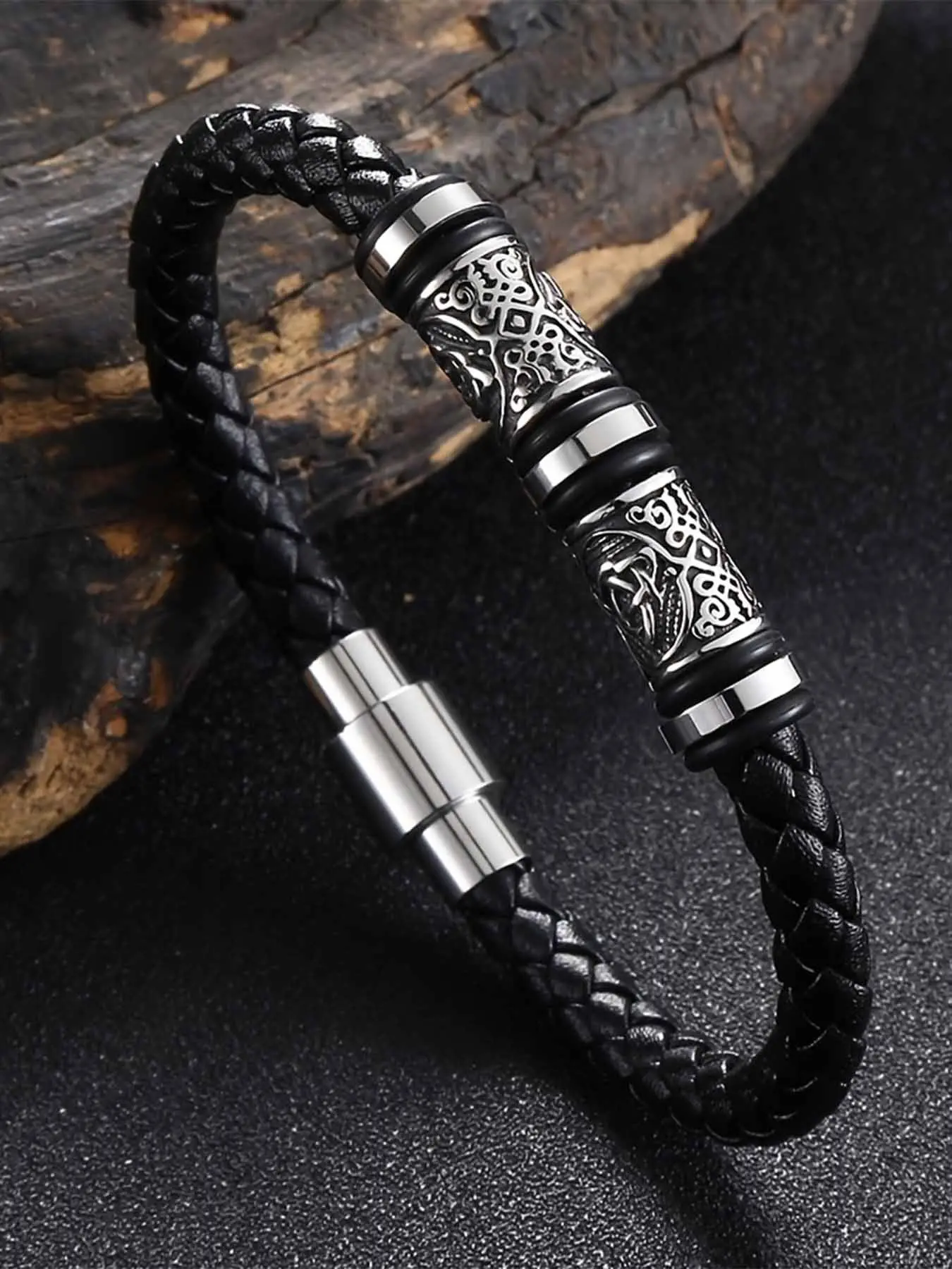 Handcrafted Vintage Viking Pattern Unique Design PU Leather Men's Bangle Bracelet, Casual Style for All Seasons, Perfect Gift for Festivals and Daily Wear, Handwoven Bracelet