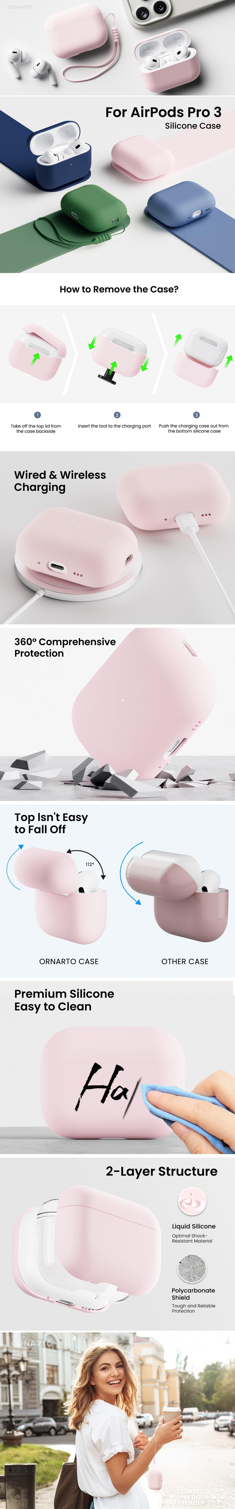 [CASE ONLY] ORNARTO Protective Soft Silicone Case for AirPods Pro 3, Pro 2, 4th Gen - Front LED Visible Skin Cover, Handheld Accessories, Compatible with AirPods 2025