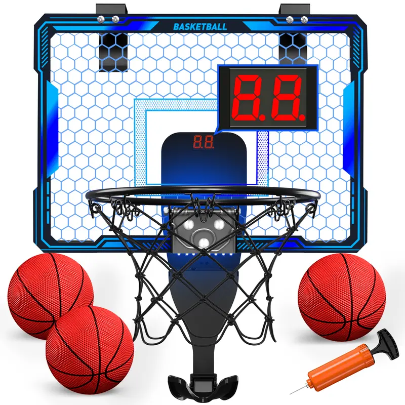 Indoor Mini Basketball Hoop - Unisex Over-the-Door Sports Toy for 3-4 Years Kids, 3 Game Modes, Electronic Scoreboard, 7-Color LED Lights, Remote Control, Easy Installation, Children Development Birthday Gift,familyfun