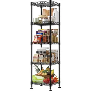 【Corner Shelf】5-Tier Metal Shelving Unit Wire Shelves Storage Rack:Adjustable Storage Shelves Standing Bathroom Shelf and Narrow Small Shelf for Kitchen Pantry Closet Laundry Dorm Office, 12''W x 12''D x 49''H, Black