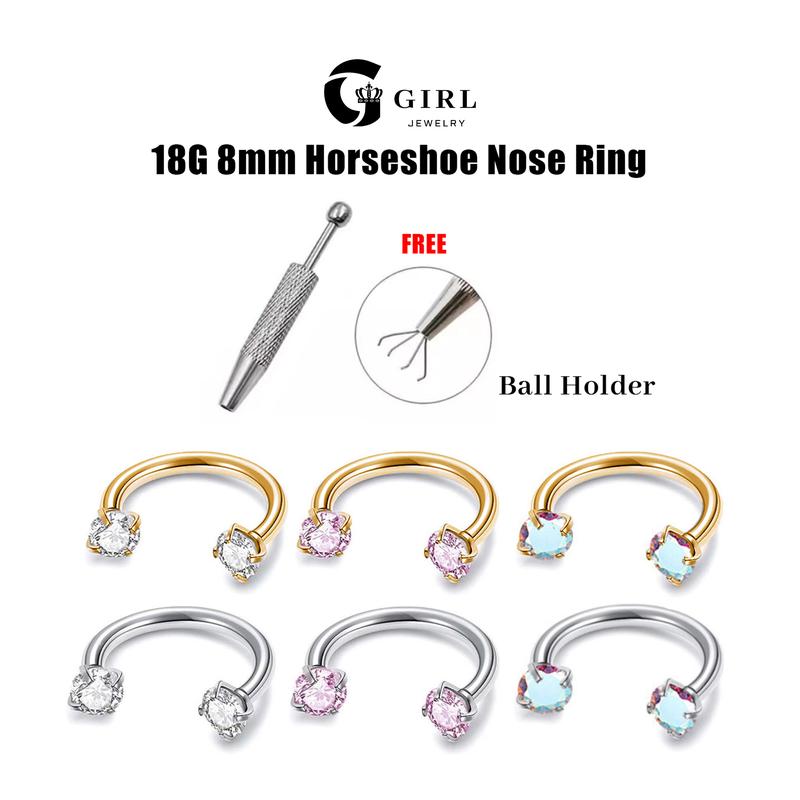 GGIRL 18G 8mm Horseshoe Nose Hoop Internally Threaded 3mm Artificial Zircon with Free Ball Holder Fashion Jewelry Gift for Holiday Haul Christmas Birthdays Anniversaries