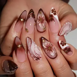 Hand Painted Floral French Press On Nails | Almond Acrylic Nails with 3D Flower Art and Classic French Tips | Handmade Elegant Nails for Weddings Events or Daily Wear