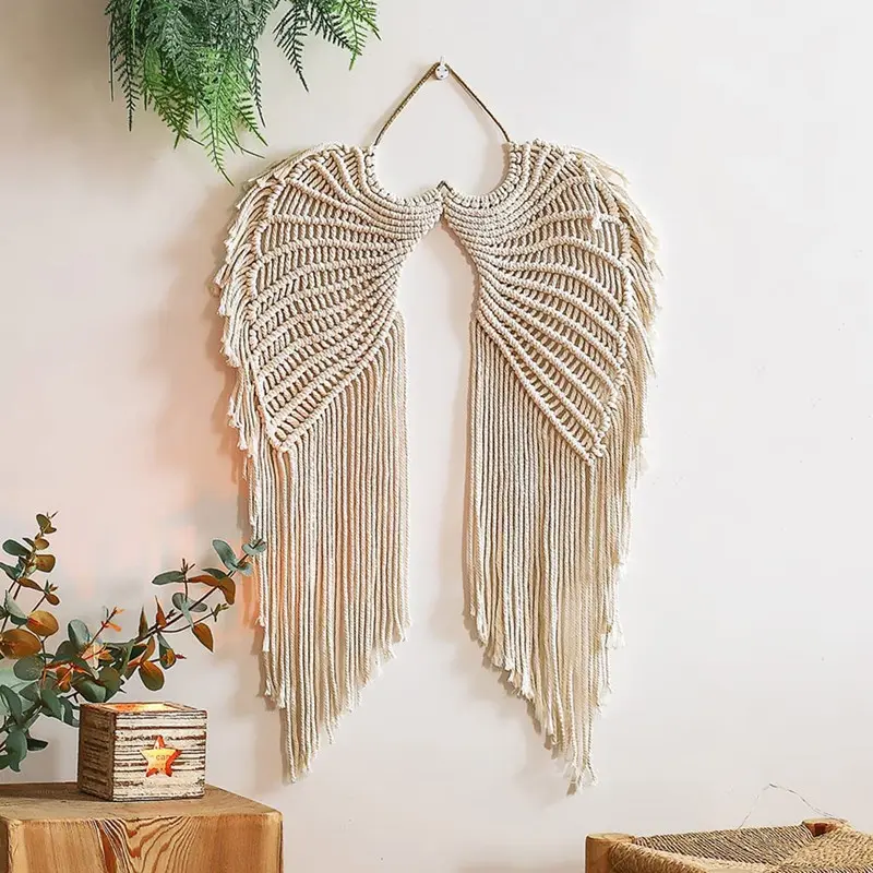 Macrame Wall Hanging - Bohemian Angel Wings Woven Cotton Rope Tapestry, Handcrafted Fringe Decorative Wall Art, Bohemian Tapestry Style Home Decorative Ornament for Living Room, Decoration, Hangable, Wall Decor