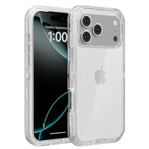 Heavy Duty Clear Transparent Durable 3-Layer Phone Case, Military Grade Drop Protection Shockproof DropProof Anti-drop Protective Cover for iPhone 11 12 13 14 15 16 17 Pro Max