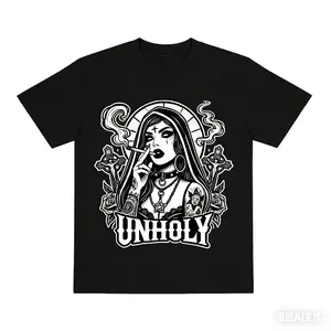 UNHOLY Gothic Nun 100% Cotton T-Shirt – Black & White Tattoo Graphic Tee, Edgy Punk Streetwear for Alternative Style Enthusiasts & Gothic Culture Fans