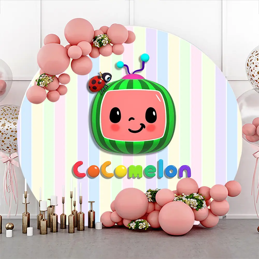 Hobaner 7.2FT Round Top Cartoon Melon Decorative Banner, Cute Watermelon Stripe Round Backdrop for Kids' Happy Birthday Party, Home Decor Supplies & Birthday Ideas, Round Top Backdrop, Cartoon Character