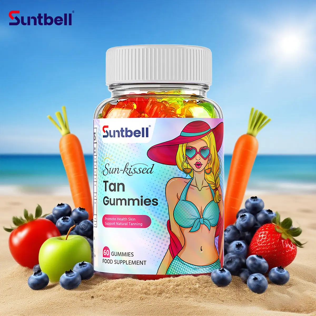 Suntbell Tan Dietary Gummies - Prop 65 Safe Chewable Mineral Blend & Comprehensive Nutrition Supplement with L-Tyrosine, Para-Aminobenzoic Acid, Lycopene, Phytosterols, Vitamin E, Beta-Carotene, Black Pepper, Copper, Vitamin D, Chewable Supplement, Lycope