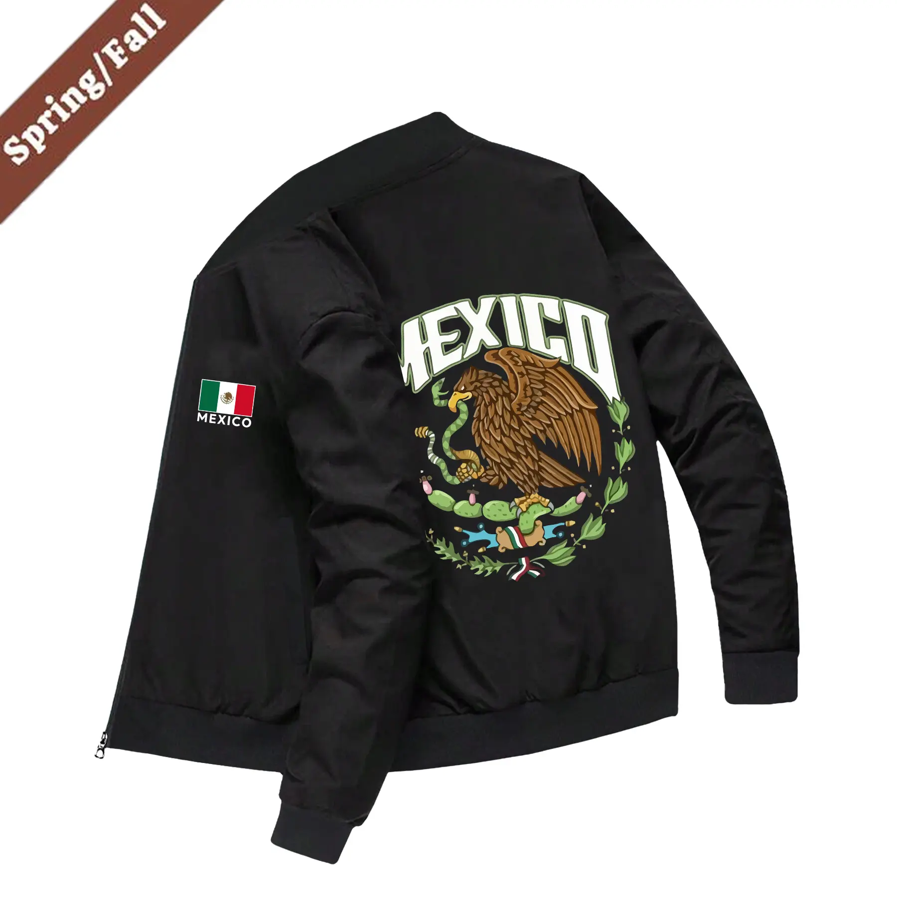 Men's Retro Style 100% Polyester Lightweight Crew Neck Coat - Long Sleeve Black Autumn Winter Outerwear with Mexican Eagle Print, Abstract Geometric Letters, Unique Pockets, Vintage American Casual Flight Streetwear