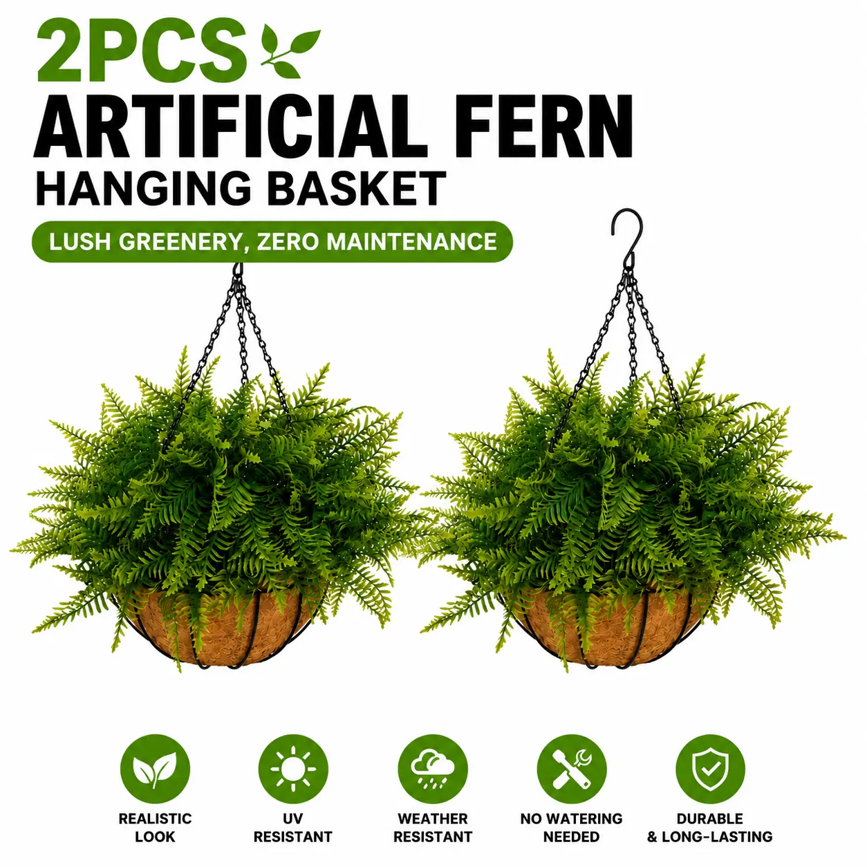 2PCS Fern Hanging Baskets - No Assembly Required, Ready-to-Use Fake Flowers for Outdoor, Lush Full Hanging Plants, UV-Resistant, Rainproof, Perfect Porch Patio Balcony Garden Decor