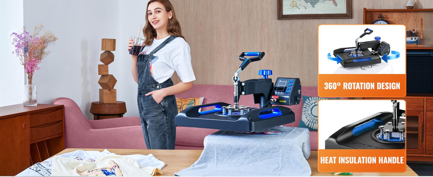 VEVOR Heat Press Machine 15 x 15 Inch 8 in 1 Heat Press 800W Sublimation Machine 360° Rotation Swing Away 8 in 1 Shirt Printing Machine Dual-Tube Heating for DIY T-Shirts Cap & Mugs
