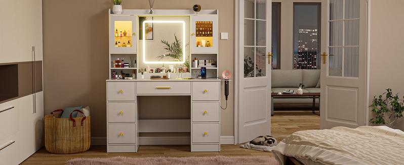 LAKEMID 7 Drawers White Vanity Table with Power Outlet, Lighting Mirror, Hair Dryer Rack, and RGB Cabinets, LED Lighted Vanity Desk Set light up Large sound sync Dimmable makeup