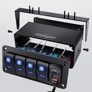 Nilight 4 Gang Rocker Switch Box 12V SPST ON Off Switch PD Type C and QC 3.0 USB Charger Voltmeter Waterproof Aluminum Rocker Switch Panel DIY Stickers for Boats Cars RVs Trucks Headlights Taillights