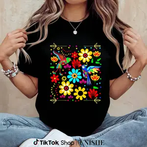 100% Cotton Otomi T-Shirt Featuring Colorful Mexican Floral Bird Art