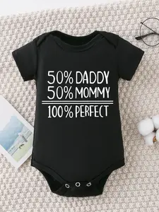 Baby "50% Daddy 50% Mommy 100% Perfect" Short Sleeve Bodysuit - Family Love Graphic Onesie, Black Cotton Infant Outfit for Newborns