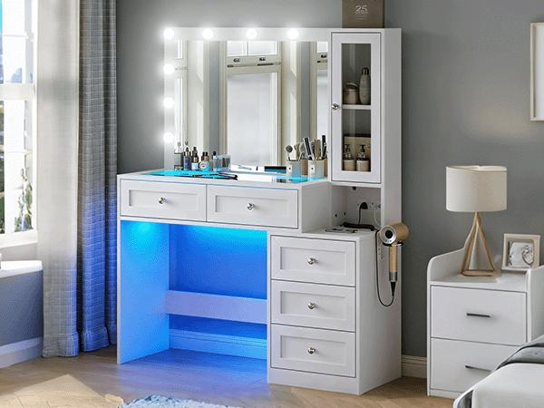 43" W Vanity Desk with Mirror & 11 Lights,Modern Makeup Desk with 5 Drawers,3 Lighting Modes Brightness Adjustable,Power Outlet,Bedroom. White Dresser 43" W Vanity Desk with Mirror & 11 Lights,Modern Makeup Desk with 5 Drawers,3 Lighting Modes Brightness Adjustable,Power Outlet,Bedroom. White Dresser