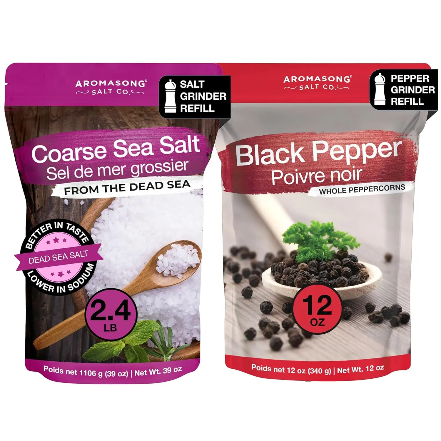 Aromasong Organic Coarse Dead Sea Salt (2.4 lb) & Black Peppercorn (12 oz) Mill Refill Combo Set - Bulk Resealable Bag, Vegan, Chemical-Free, Mineral-Rich, Gluten-Free, Low Sodium, Strong Aroma Cooking Staple