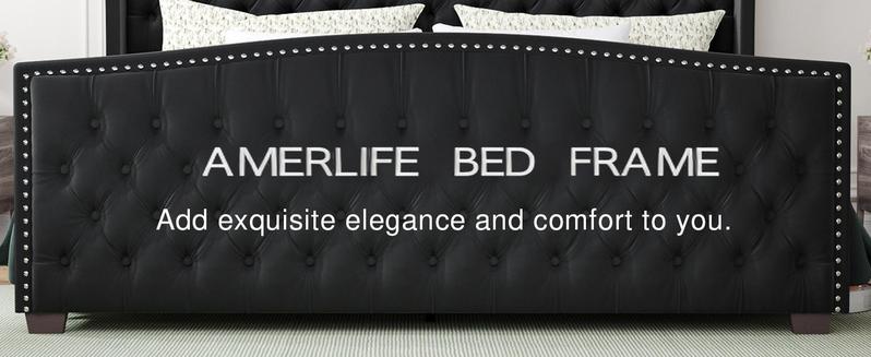 AMERLIFE Modern Bed Frame with Wingback Headboard, Velvet Upholstered Bed Frame with Handmade Button Tufted & Nailhead,Wooden Slats Support/Luxury Bedroom Furniture Design /Queen/King/California King Size/Best Gift Ideas/Christmas Gifts