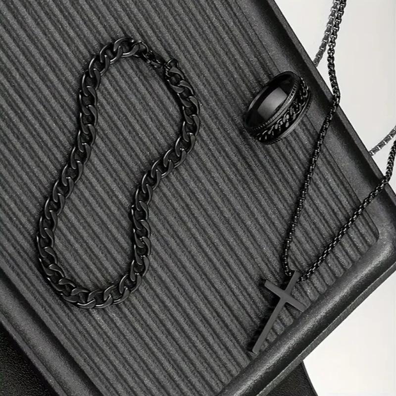 Men's Stainless Steel Cross Pendant Necklace Bracelet & Ring Set Elegant Fashionable Jewelry Gift for Holidays Durable Cohesive Ensemble