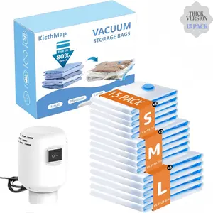 Vacuum Bags for Clothing & Travel with Electric Air Pump,15 Pack Carry-on Size Compression Packing Bags,Space Saver 80% for Luggage and Suitcase (With Electric & Manual Air Pump)