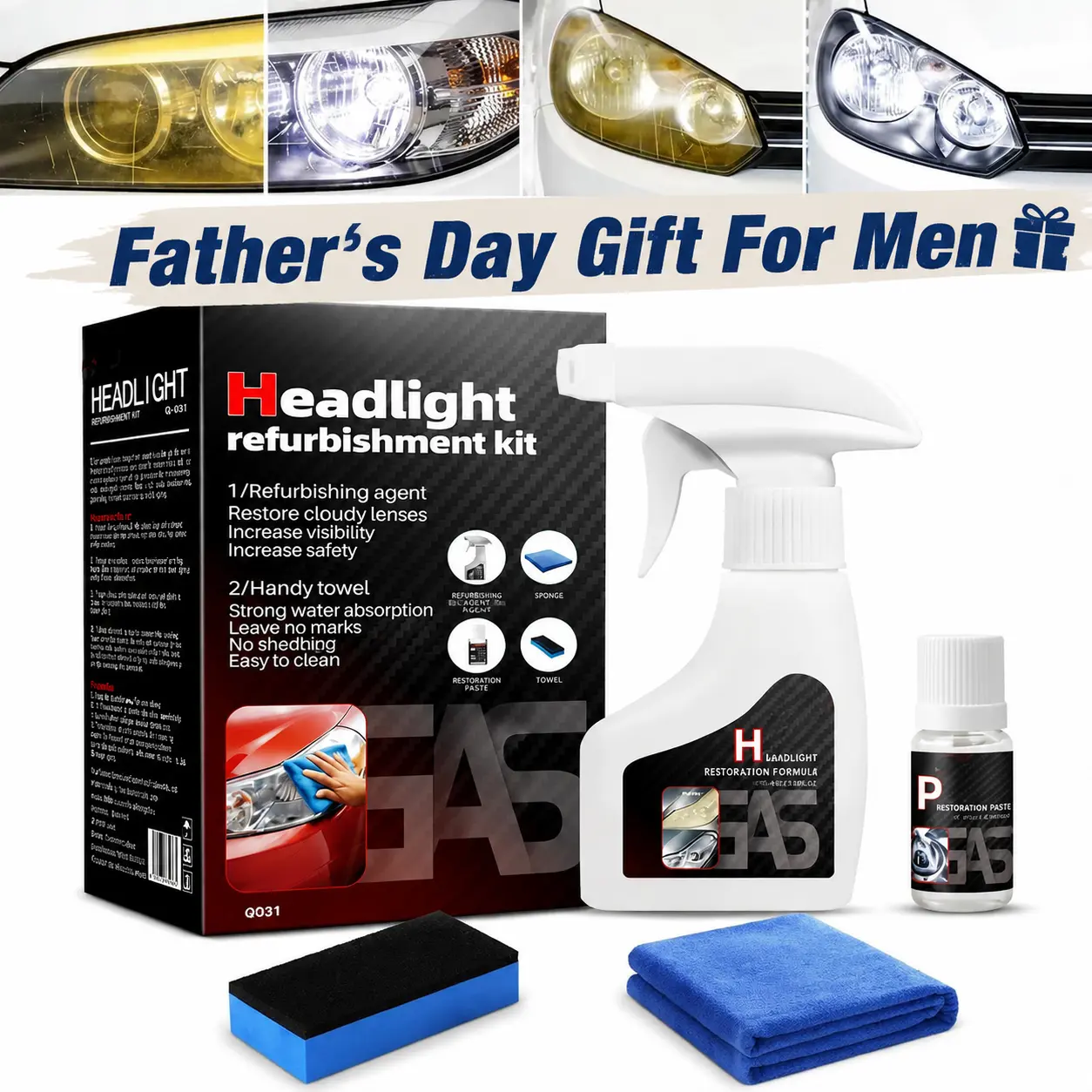 Father's Day Gift For Men Headlight Restore Kit – Remove Yellow & Foggy Lenses in Minutes, Make Your Headlights Look Brand New + UV Protection Ceramic Coating Hydrophobic