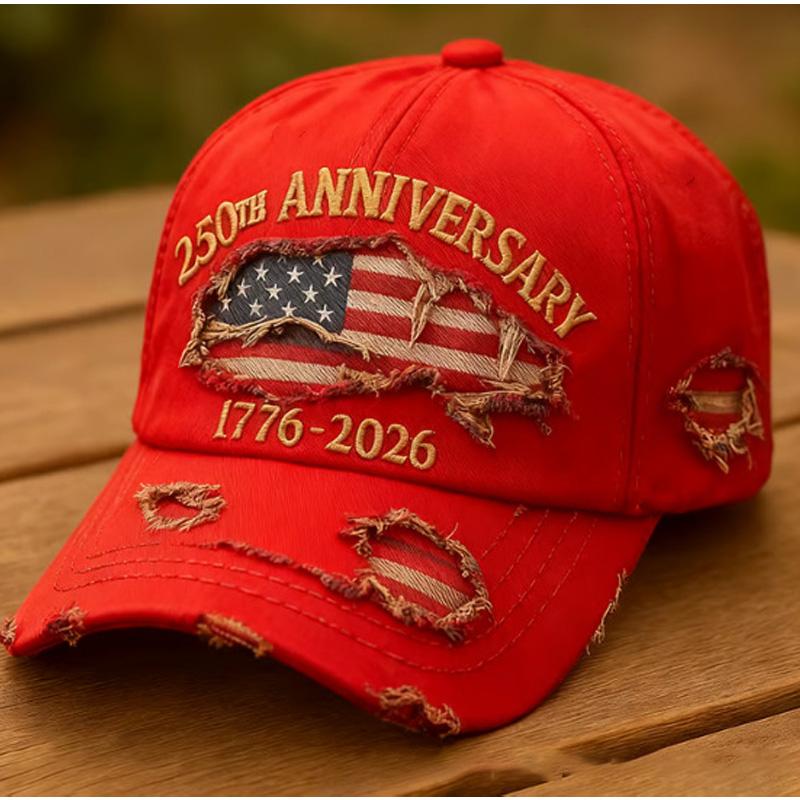 250th Anniversary Baseball Cap, USA 1776-2026, Patriotic Fashion Casual Style, Pairs well with ripped jeans and embroidered map of the United States.