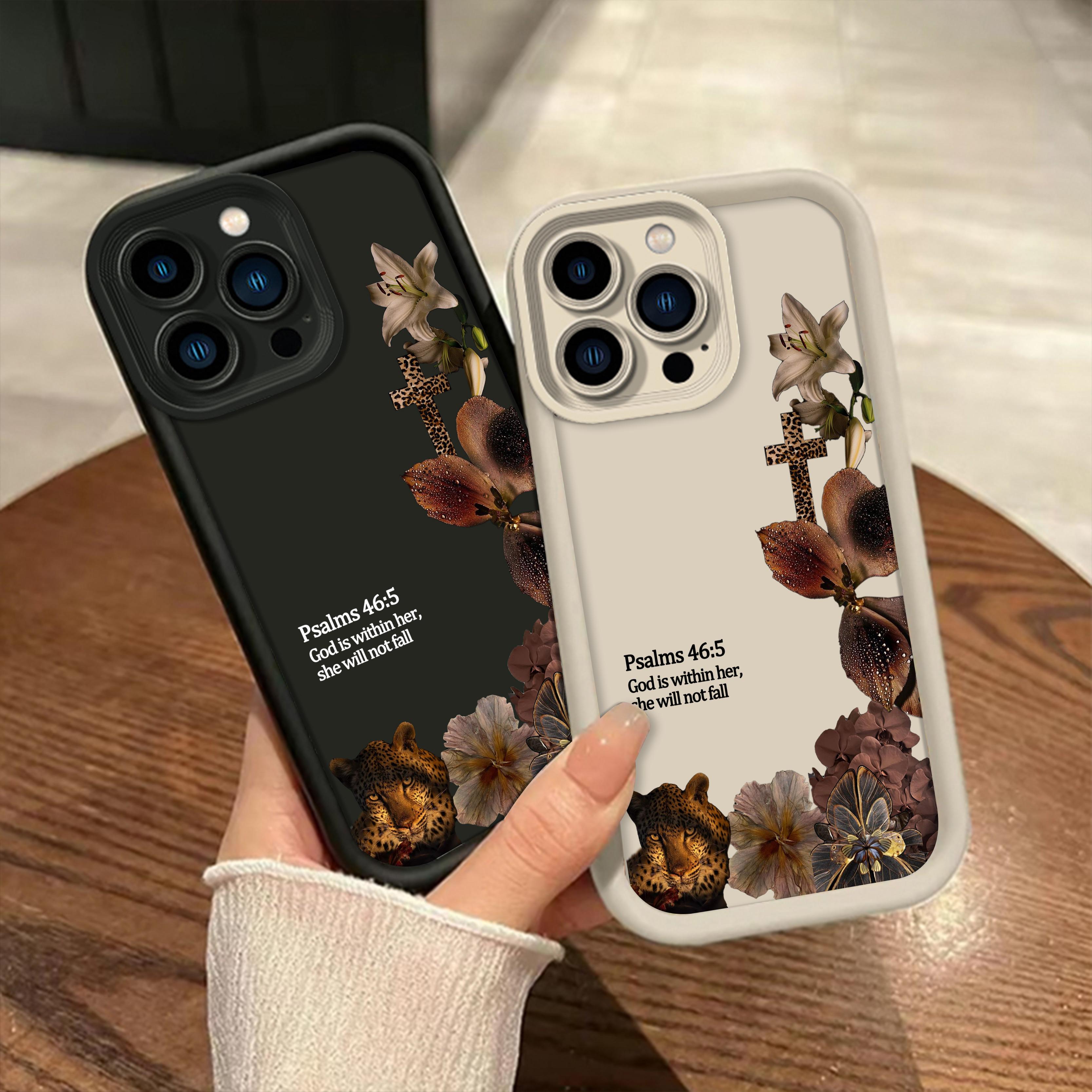 Aesthetic Leopard Print Bible Verse Phone Case for iPhone Samsung 17Pro Max Air 16 15Plus 14 13 12 11 XR XS Galaxy S25 S24 S23 S22 A71 A56 A55 A54 A53 A52 with Wrist Strap Lanyard Psalms 46 5 Christian Religious Faith Gift Shockproof Protective Case.NN109