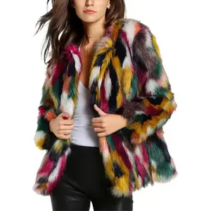 Women Fur Fuzzy Faux Multicolor Fur Coat Jacket Long Sleeve Open Front Luxury Colorful Furry Fit Fluffy