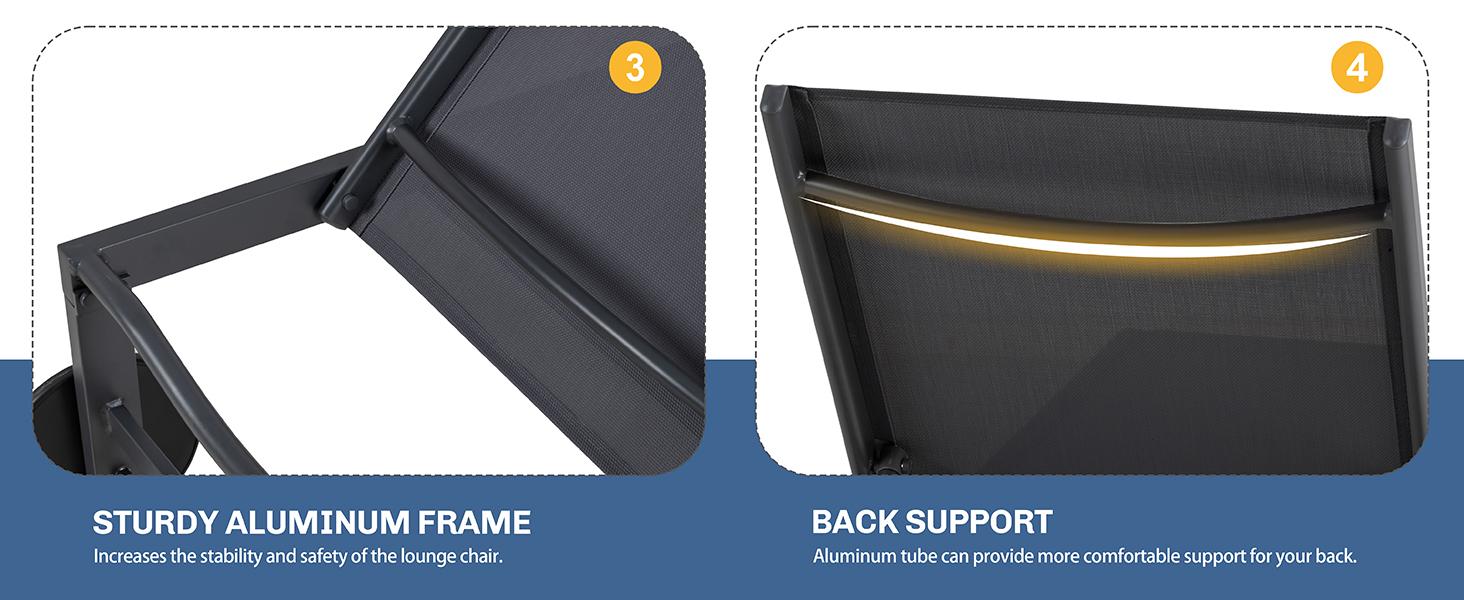 Walsunny Patio Lounge Chairs, Outdoor 2 Pieces Texilene Furniture With Wheels, Ergonomic Design, Folding Adjustable, Black