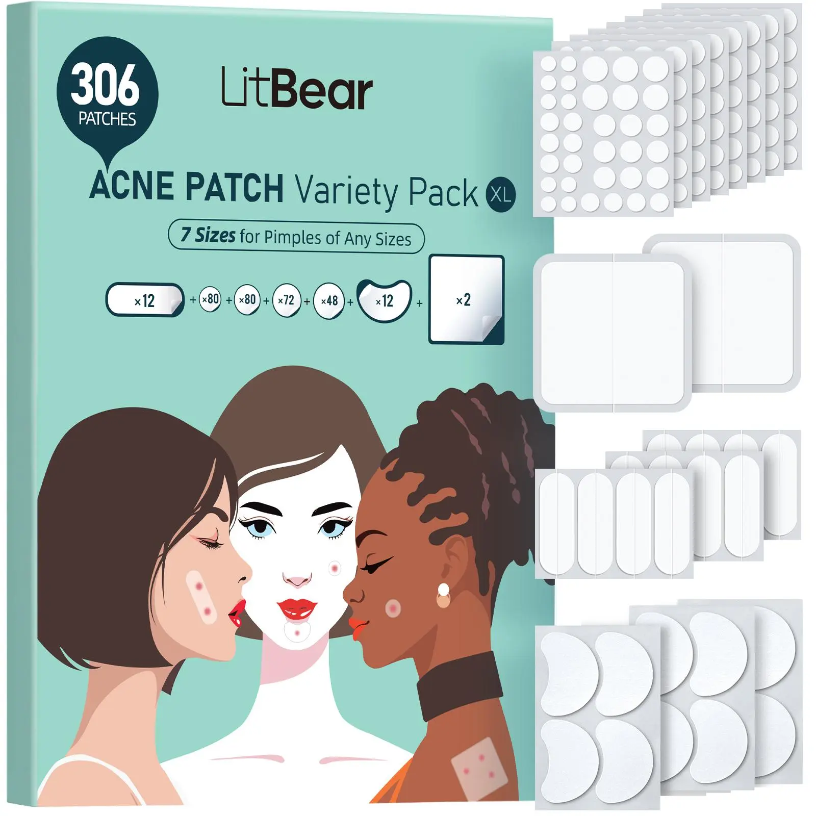 LitBear Multi-Pack Hydrocolloid Pimple Patches - 7 Sizes, 306 Count, XL Spot Treatment Bandages for Face & Back, All Skin Types, Acne Clearing, Skin Repair, Self Care Products, Father's Day Gift, Acne Clearing Products