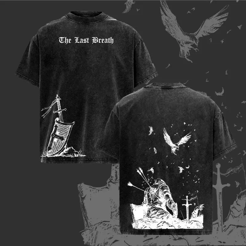 Men's Distressed Vintage Washed Short-Sleeve Graphic Tee - Last Breath Medieval Knight Cross, Round Neck, Oversized Cut Gives a Relaxed Drape, Multi-Size, Medieval Knight Vibe, Crusader Faithcore Gym Pump Cover, Dark Christian Streetwear Top
