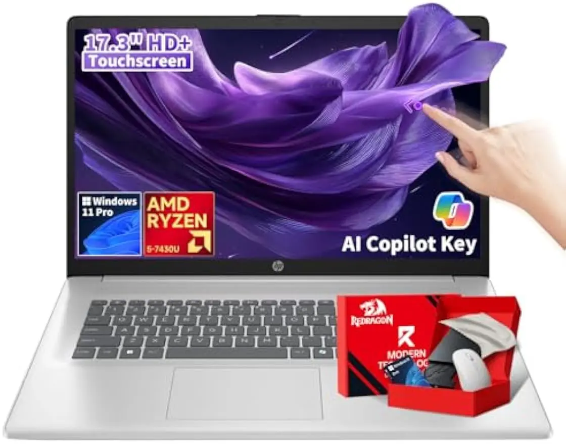 HP 17.3-inch Touchscreen Business Laptop - AMD Ryzen 5 7430U(4.3GHz Max), HD+ Panel, 16GB RAM, 1TB SSD, AI Copilot Key, Fast Charge, Privacy Camera, Wi-Fi 6, Win 11 Pro, Built-in Li-ion Battery, Redragon Bundle