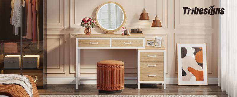 Tribesigns Vanity Desk with 5 Drawers, Makeup Vanity Table Dressing Table with Side 3-Drawer Chest, Make Up Vanities for Women, Girls (Without Mirror)