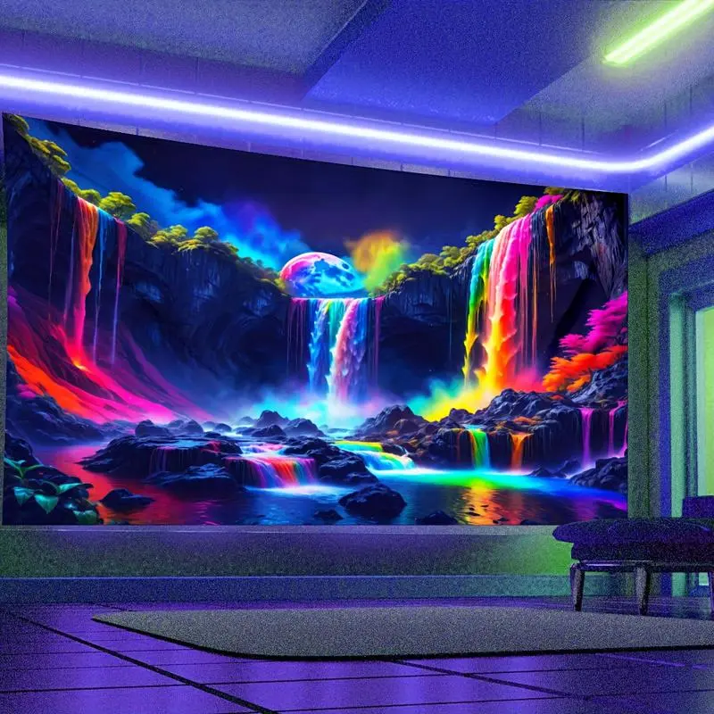 UV Blacklight Reactive Vibrant Waterfall Rainbow Forest Nightscape Tapestry - Polyester Galaxy Nature Landscape Wall Hanging, Wall Decor Ideas, Room Art for Home Decor