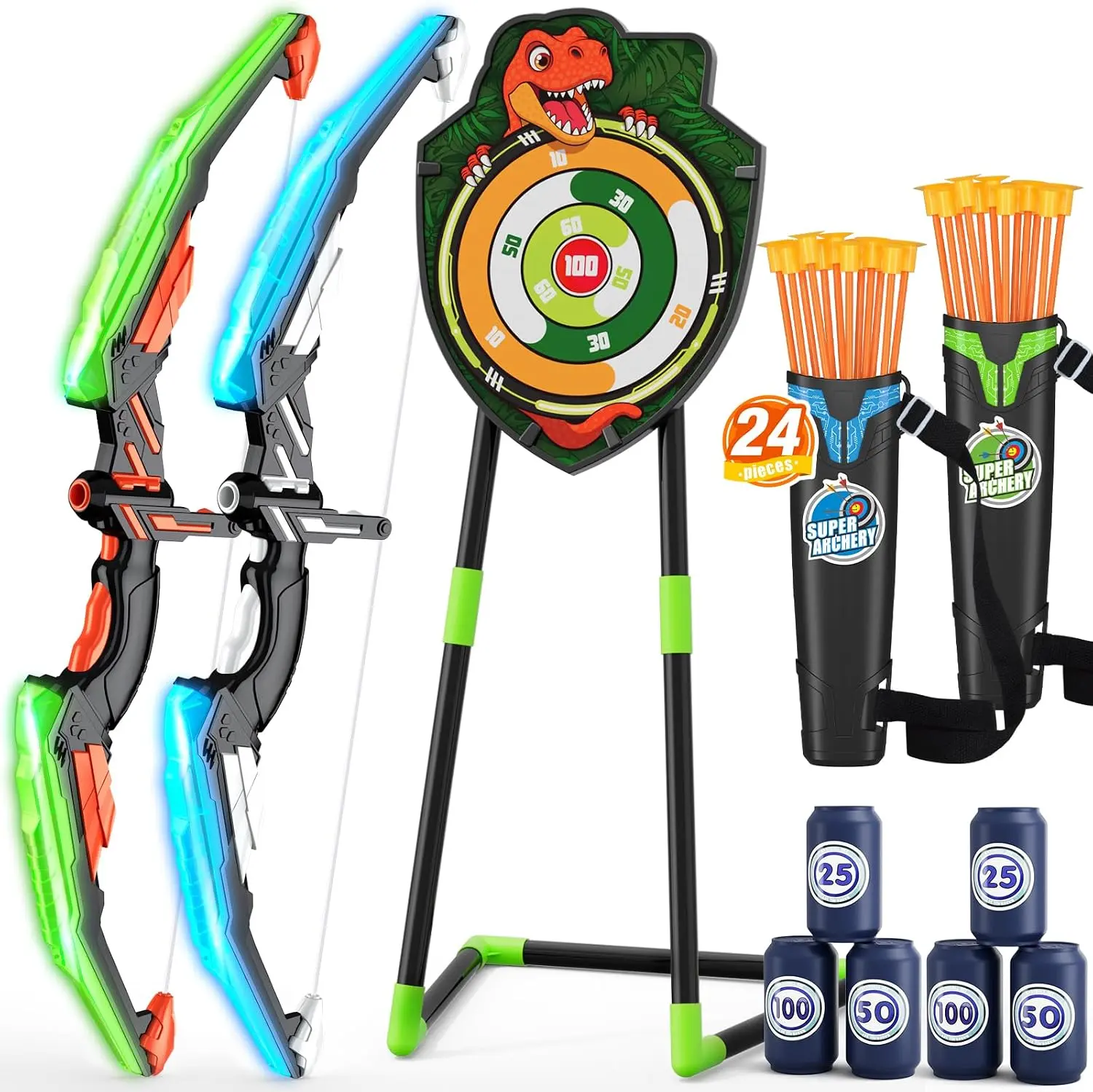 2 Pack Kids Bow and Arrow, LED Archery Set with Dinosaur Target | with 24 Suction Cup Arrows, 1 Standing Target, 6 Score Targets & 2 Quiver, Indoor Outdoor Sport Gifts for Boys Girls