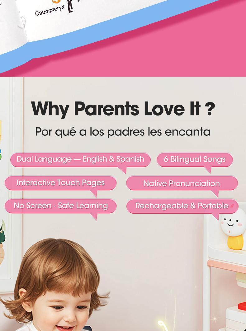 Interactive Talking Sound Picture Book for Kids , Spanish & English Bilingual, 300+ Words15 Themes6 Songs Q&A Learning Games, Screen-Free Preschool Educational Toy for Toddlers, Early Learning at Home & Travel, Valentines Day Gifts for Kids