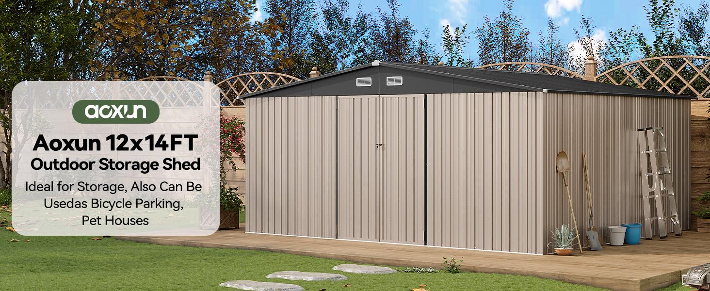 Aoxun 10 x 12FT Outdoor Storage Shed with Double Hinged Large Door & Lockable Door Brown Metal Sheds for Garden Backyard Patio