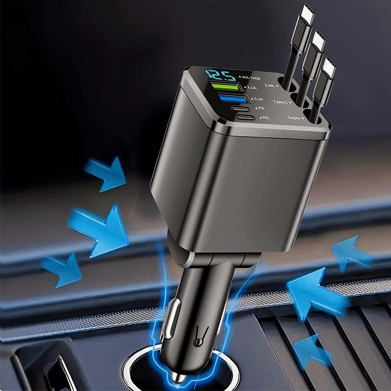 Best-Selling 8-in-1 Car Charger with Retractable Cables, Smart LED Display & 180° Rotation, PD Fast Charging for iPhone, Type-C & Android Devices Multi-Port USB Hub Compact Plug & Play Design Voltage Monitor Perfect for Travel, Daily Driving & Road Trips