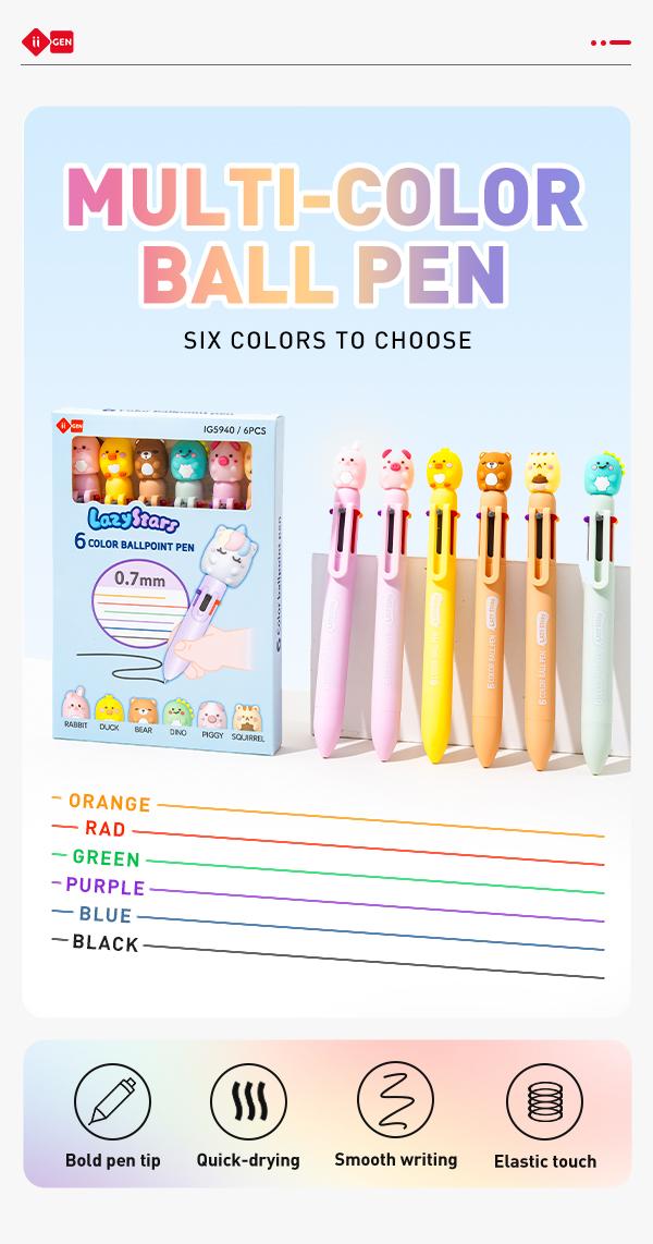 iiGEN LazyStars Animal Multicolor Pens Set of 6 QUIET Slide 0.7mm NO BREAK FAST DRY Rabbit Duck Bear Dino Piggie & Squirrel for Students Kids Gifts - Essential gifts for Valentine's Day, Easter baskets, and birthday parties