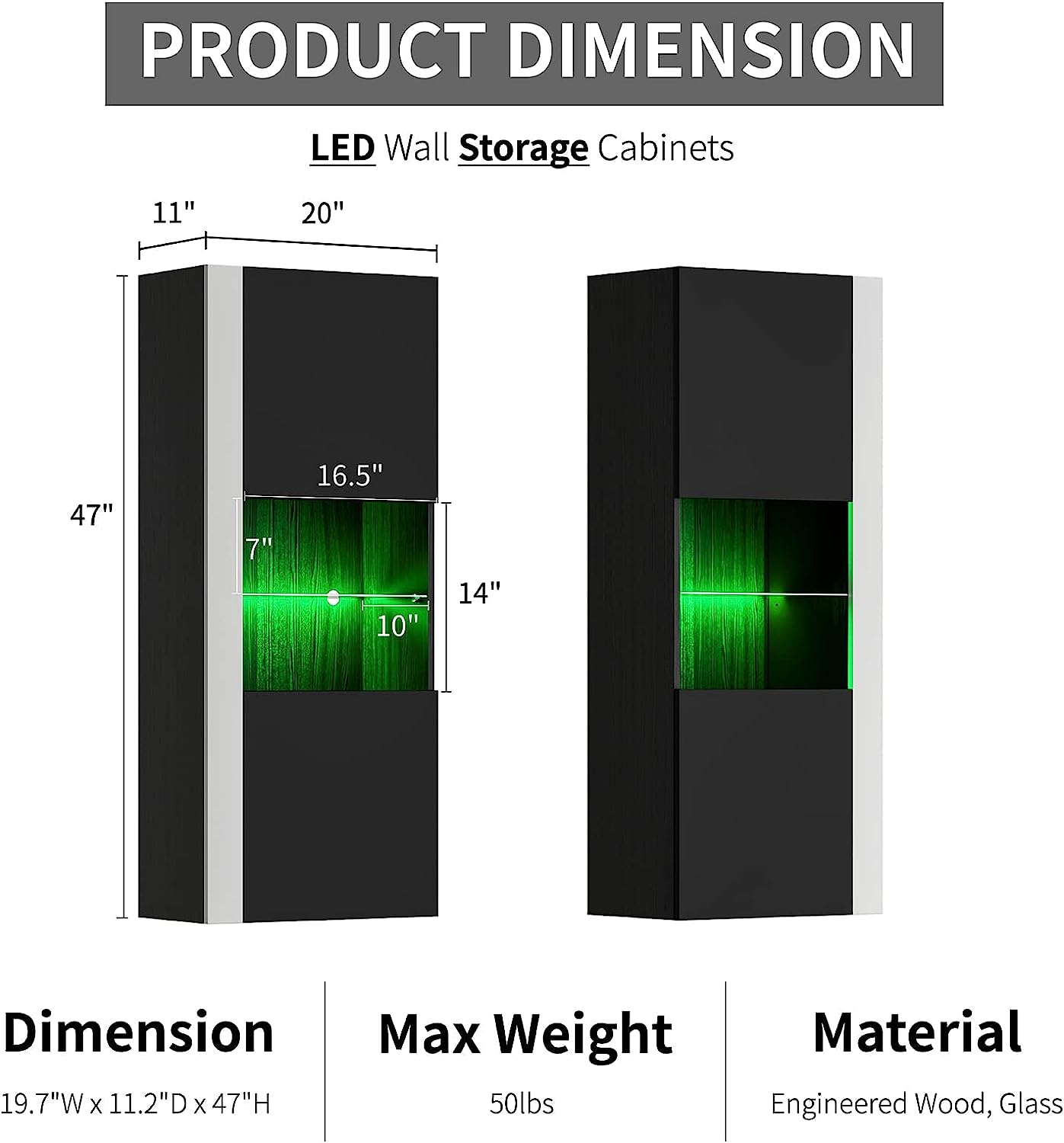 VanAcc Wall Storage Cabinets with LED Lights, Modern High Gloss Hanging Cabinets with 4 Closed Doors & Open Glass Shelves, for Living Room/Bedroom