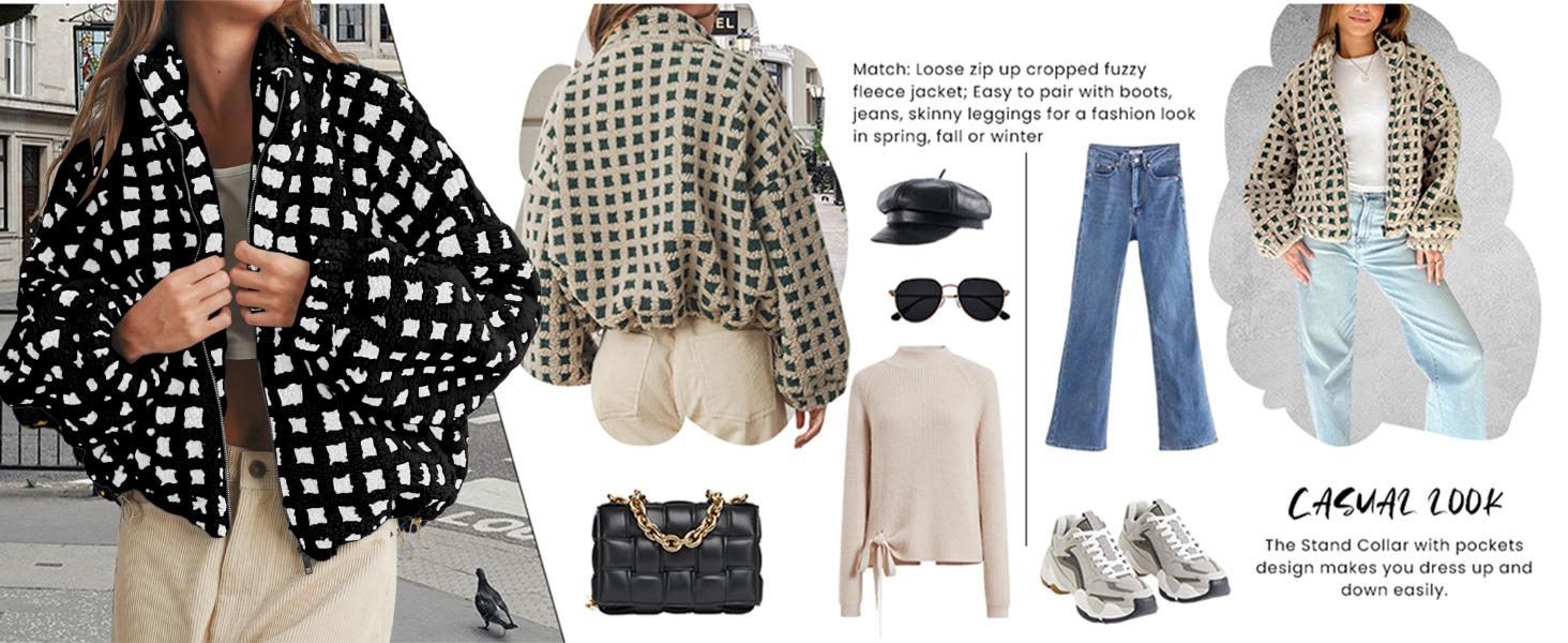 Yeokou Women’s  Long Sleeve Cropped Sherpa Fleece Plaid Jacket Casual Chunky Teddy Fleece Outerwear